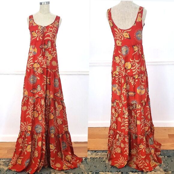 NWOT! Calypso St. Barth ‘NETTIE’ 100% SILK Tiered MAXI Lace-up DRESS Rachel Zoe! - Picture 1 of 15